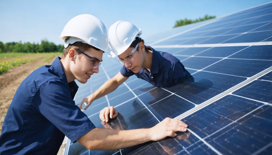 Trainees installing solar panels on mock rooftop structure in GE's training facility