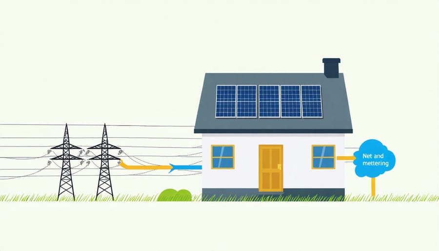 Visual representation of how net metering works with solar panels and the electrical grid