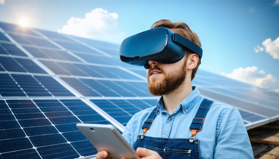 Student wearing VR headset while practicing solar panel installation procedures