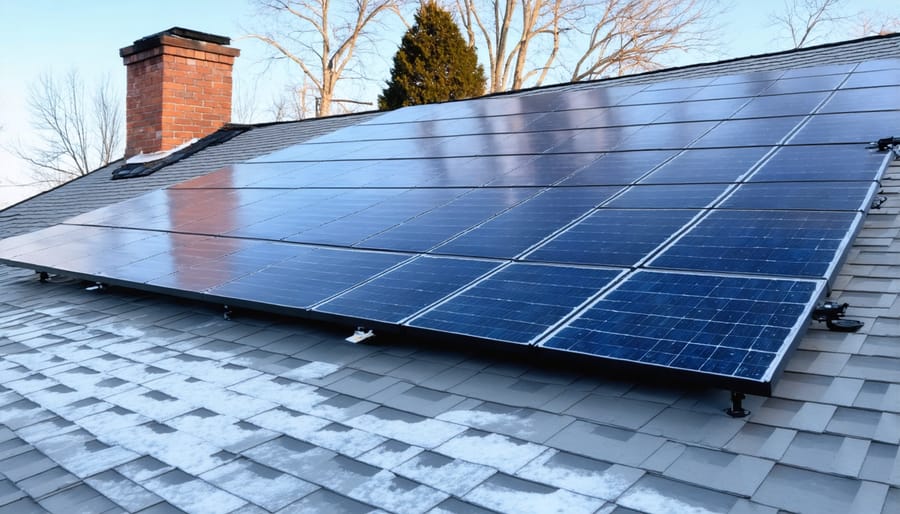 Rooftop solar installation covered in light snow demonstrating all-weather performance