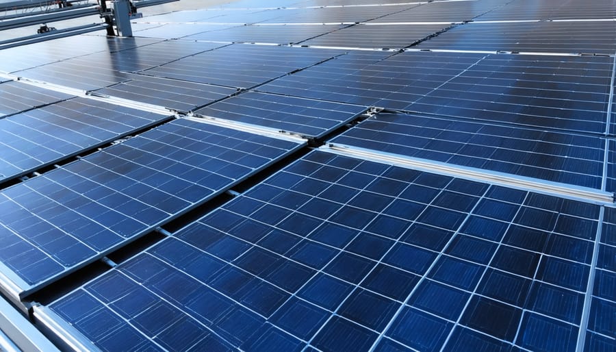 Solar panel manufacturing facility with workers assembling photovoltaic cells