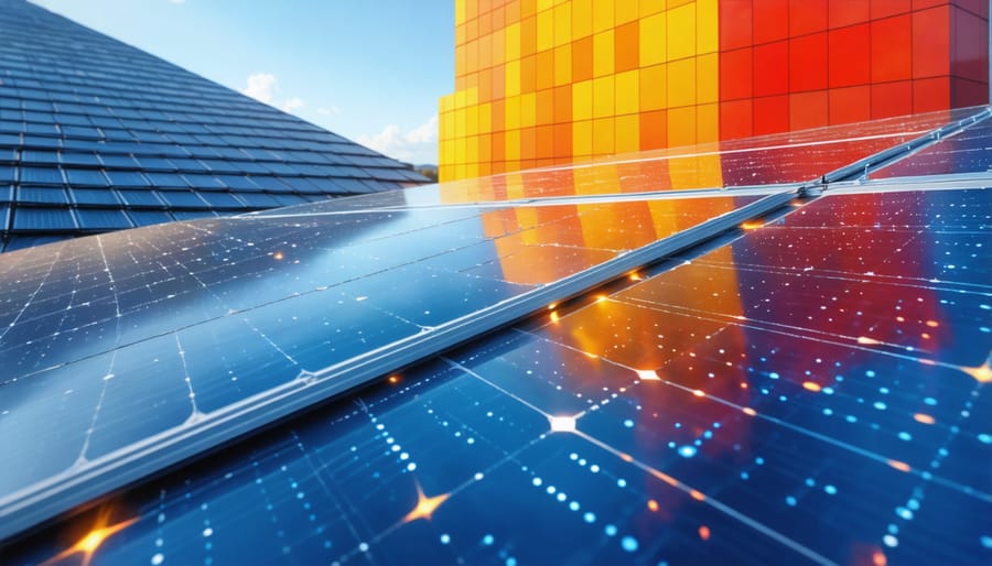 Visual representation of AI analyzing solar panel performance data with highlighted problem areas