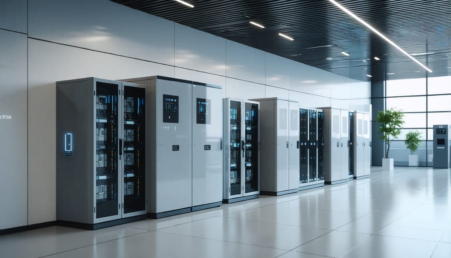 Large-scale commercial lithium-ion battery storage system with monitoring displays