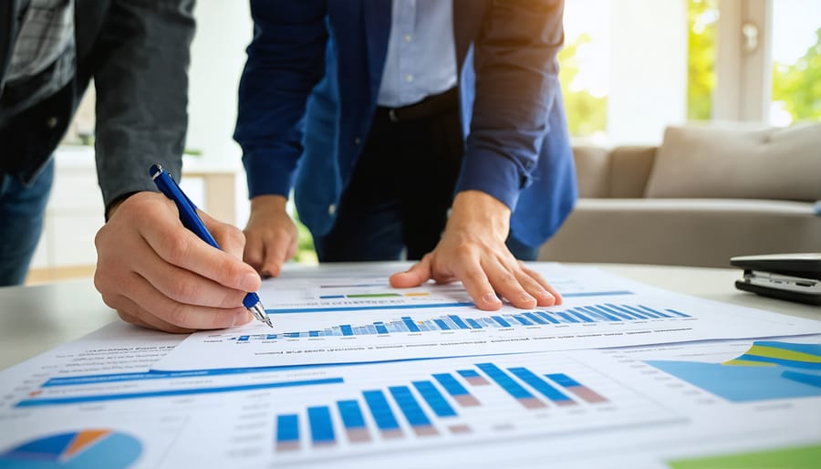 Consumer advocate explaining energy efficiency program documents to homeowner at desk
