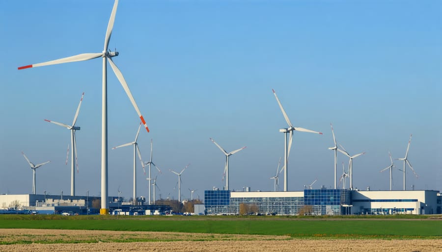 Industrial wind turbines powering a corporate facility