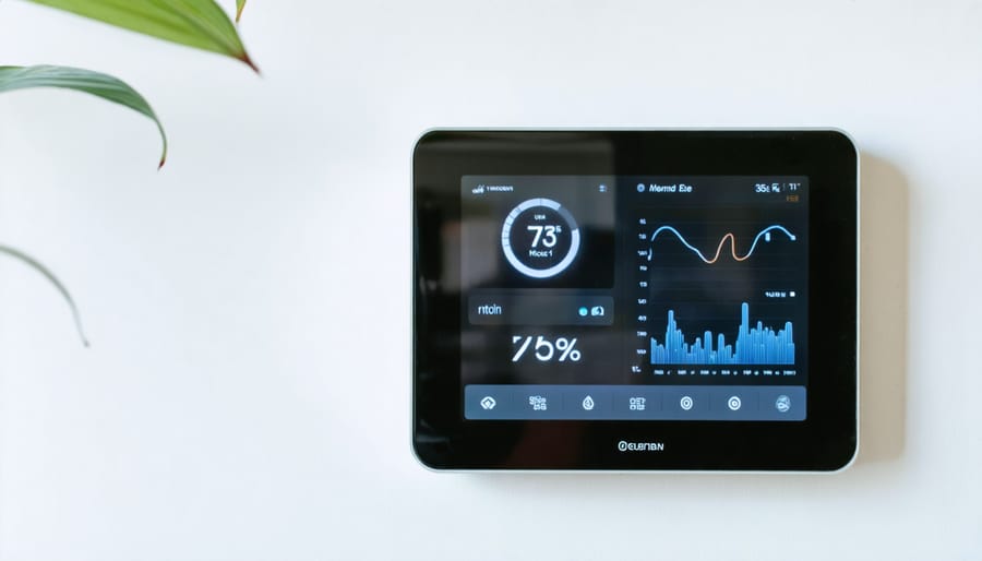 Modern smart thermostat displaying real-time energy consumption data and optimization settings