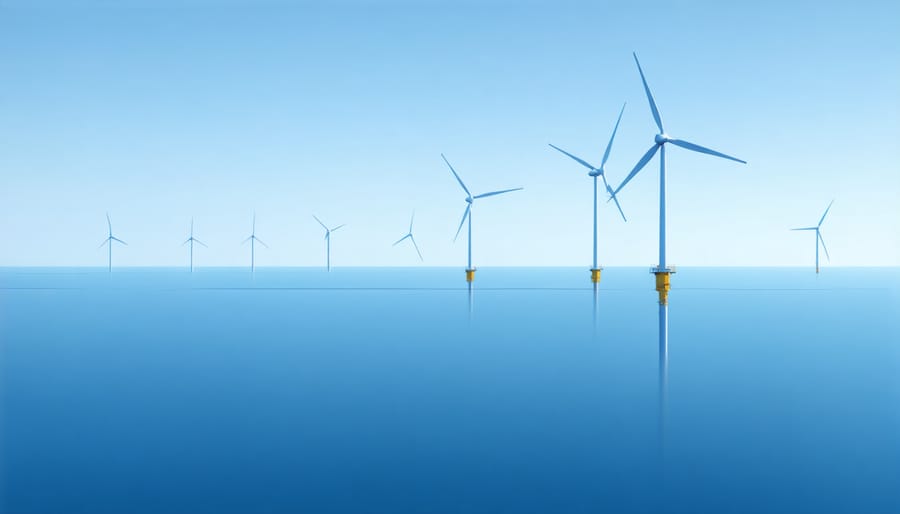 Photorealistic rendering of offshore wind turbines in Lake Michigan with Chicago skyline in background