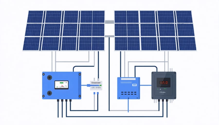 Technical illustration of a grid-connected solar system showing power flow between panels, inverter, meter, and grid