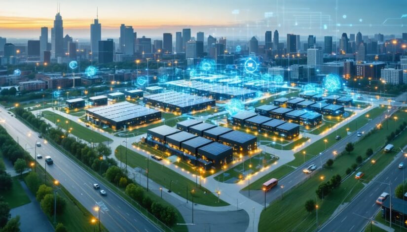 A futuristic cityscape in Illinois featuring advanced energy storage systems and renewable energy sources, highlighting seamless integration for grid reliability and efficiency.