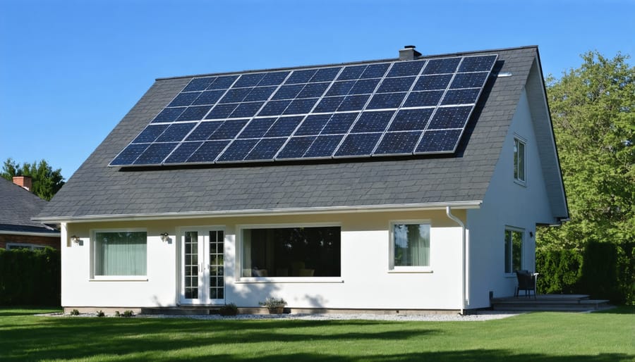Aerial view of suburban Illinois neighborhood with multiple solar panel installations