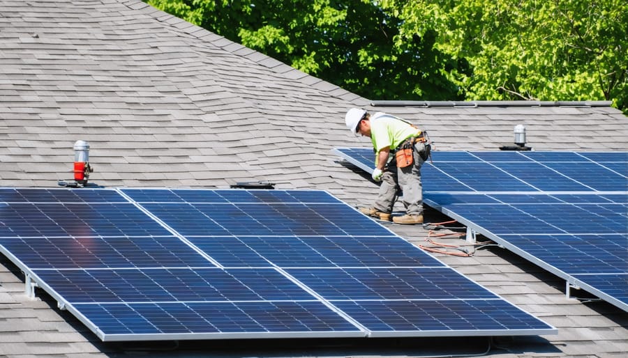 Professional solar installation team working on residential rooftop solar panels