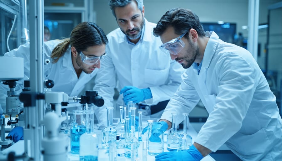International researchers working together on solar panel testing equipment