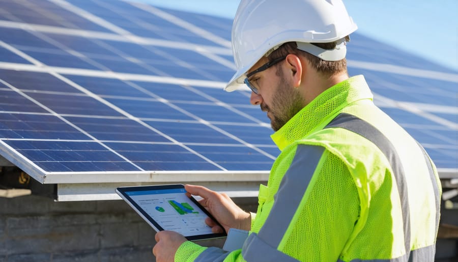 Solar installer referencing mobile training app while working on rooftop installation
