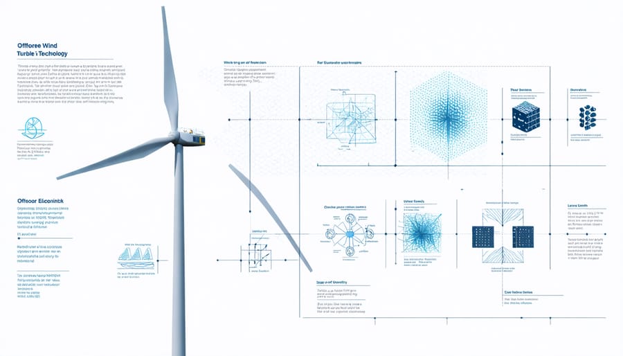 Detailed technical illustration of modern offshore wind turbine components and specifications
