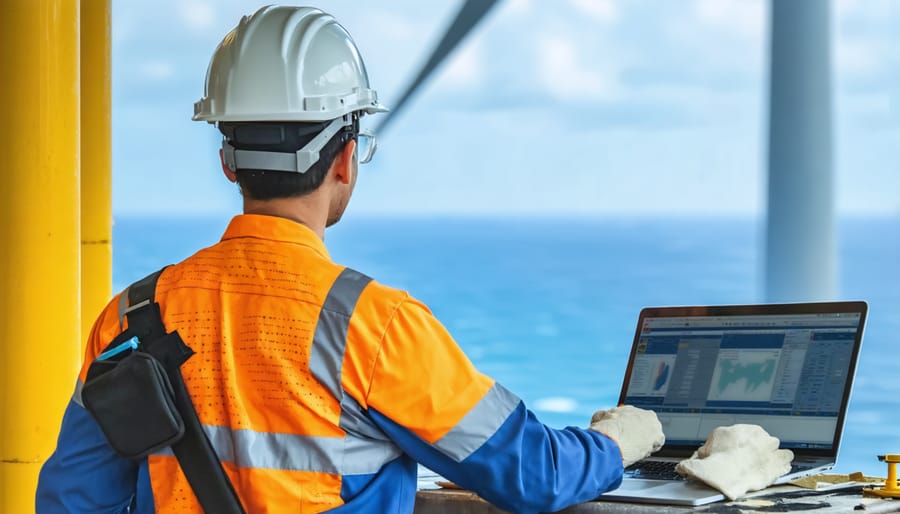 Offshore wind technicians performing maintenance on a wind turbine