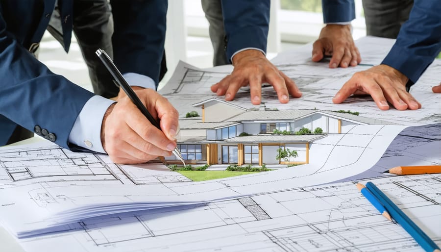 Project manager discussing energy efficiency retrofit plans with construction team