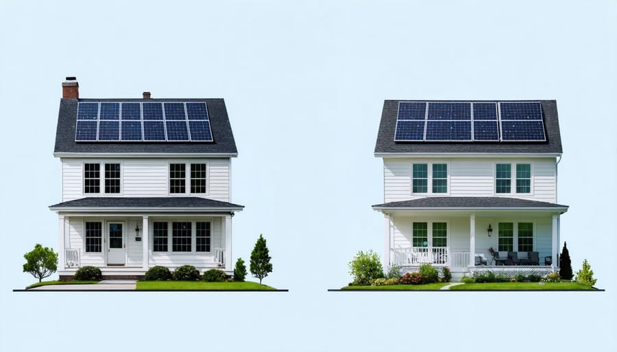 Side-by-side comparison of a traditional home and a solar-equipped modern home showing visible technological differences