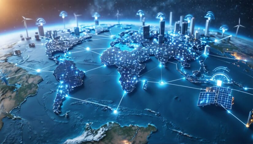 Conceptual illustration of a global solar energy supply chain network with interconnected solar components and digital pathways representing resilience and technology integration.