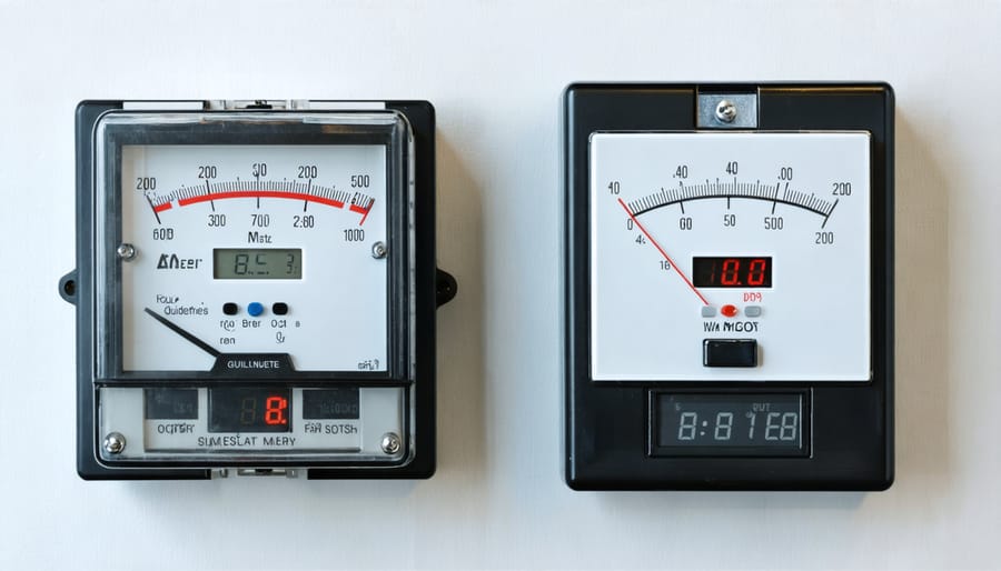 Visual comparison between an old analog electric meter and a new digital smart meter