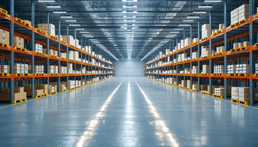 Smart warehouse facility with organized solar panel inventory and robotic management systems