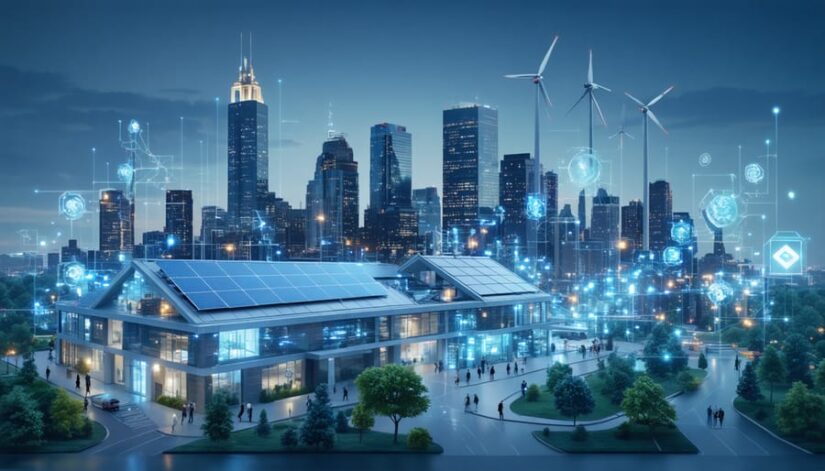 A futuristic Illinois cityscape showcasing a blend of modern architecture and cutting-edge solar technologies, illustrating the impact of solar innovation on business and urban development.