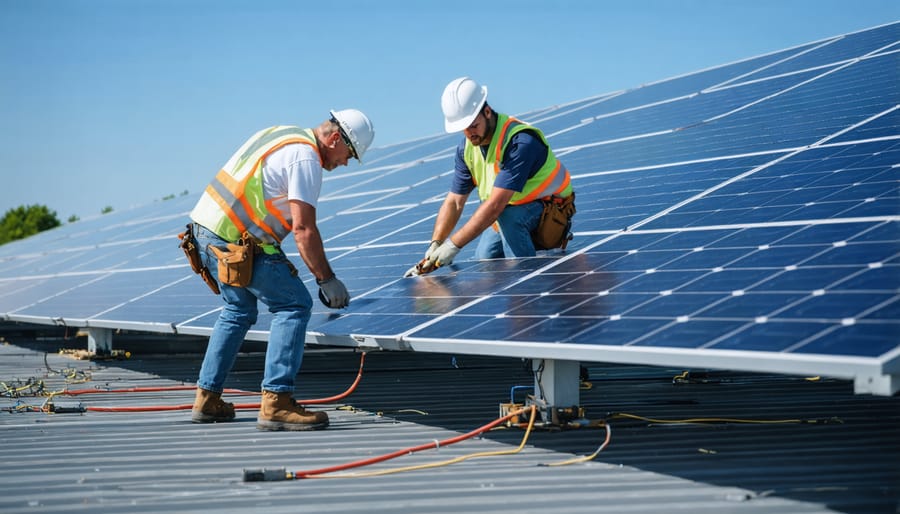 Team of technicians installing solar panels on mounting racks at a community solar site