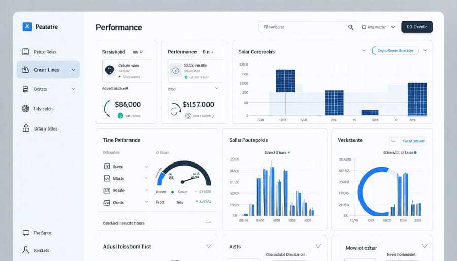 Interactive solar monitoring dashboard displaying energy production, efficiency metrics, and system health indicators