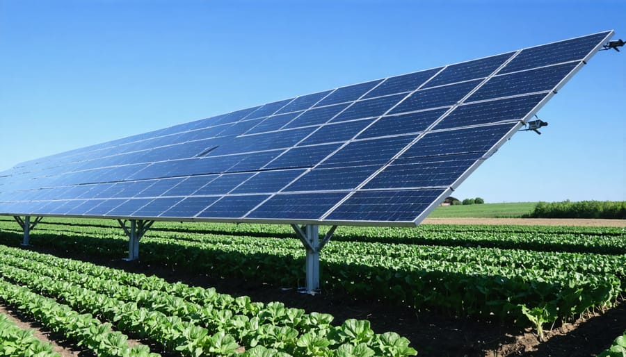 Agrivoltaic system showing solar panels integrated with active farmland in Illinois