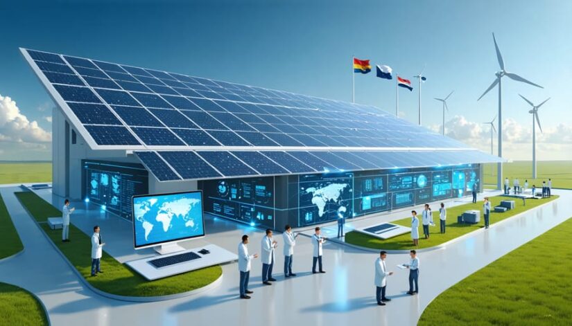 Illlustration of scientists from diverse backgrounds collaborating at a solar research facility in Illinois, with advanced solar panels and international flags representing global partnerships, set under a bright blue sky.