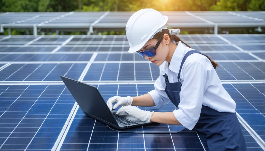 Diverse group of students learning solar installation techniques in a hands-on training environment