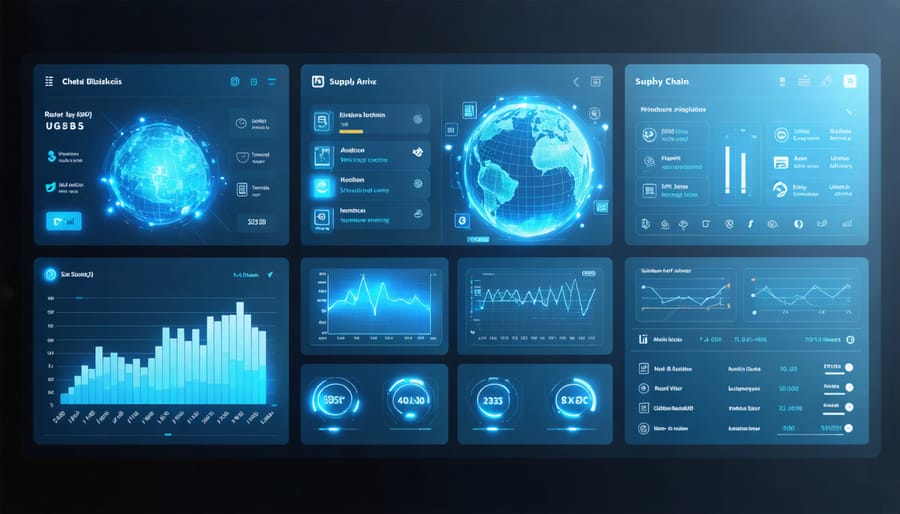 Computer screen displaying supply chain management software with various metrics and tracking data