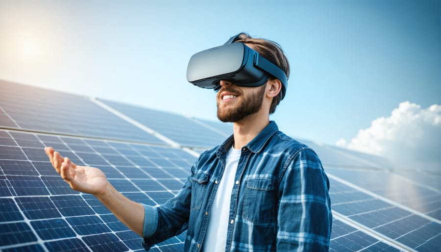 Solar technician using virtual reality headset for installation training