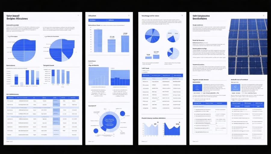 Technical solar panel specifications and data analysis charts