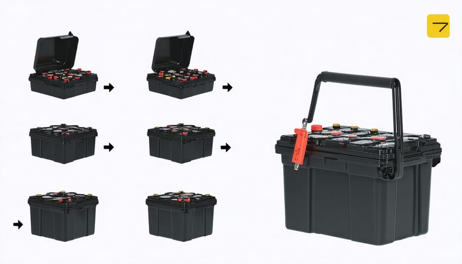 Hands assembling a DIY battery box showing wiring connections and component placement