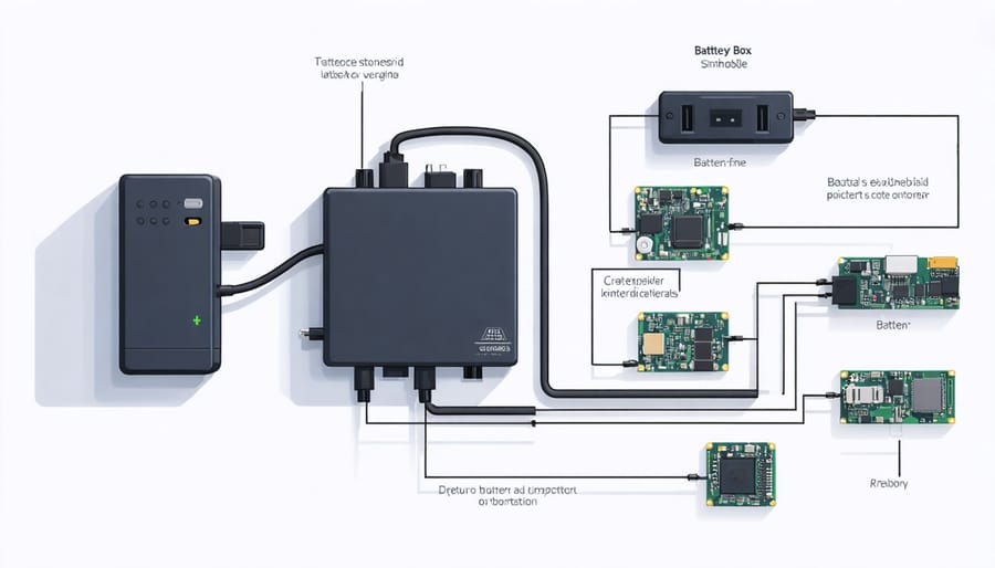 Labeled diagram of smart battery box components including batteries, BMS, enclosure, and monitoring systems