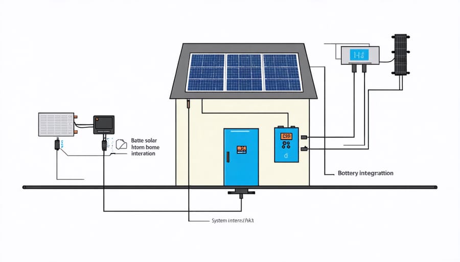 Schematic diagram of smart battery box integrated with solar panels and home electrical system