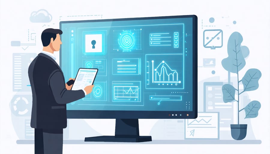 Consumer advocate analyzing smart meter data with privacy shield symbols