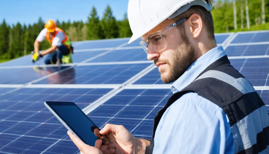 Solar project manager using digital tools to track installation progress
