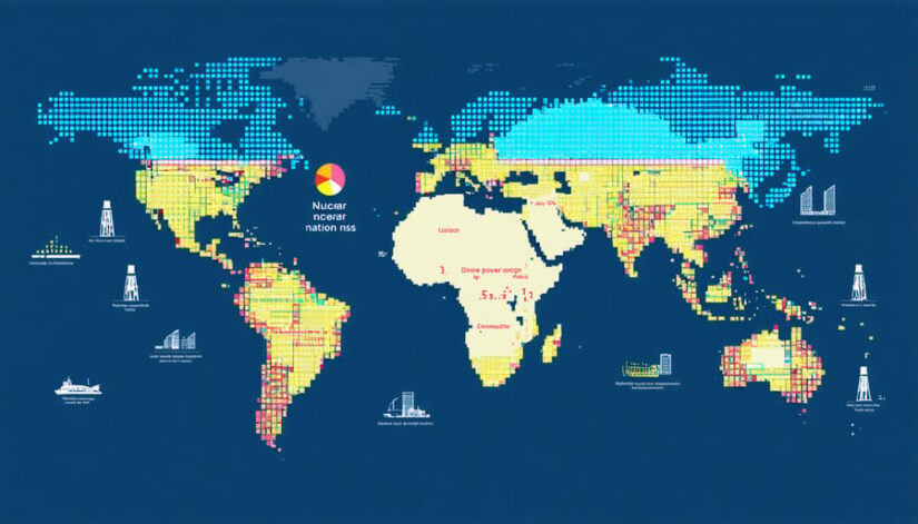 Conceptual world map featuring nine nuclear power nations with color-coded indicators of their nuclear capacity and influence on global energy dynamics.