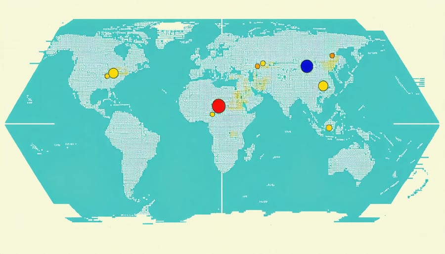 Global map showing locations and relative nuclear power capacity of nine nuclear nations