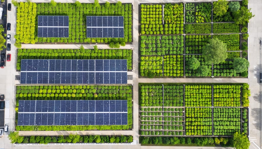 Solar panels positioned between rows of community garden plots in Grant Park, Chicago