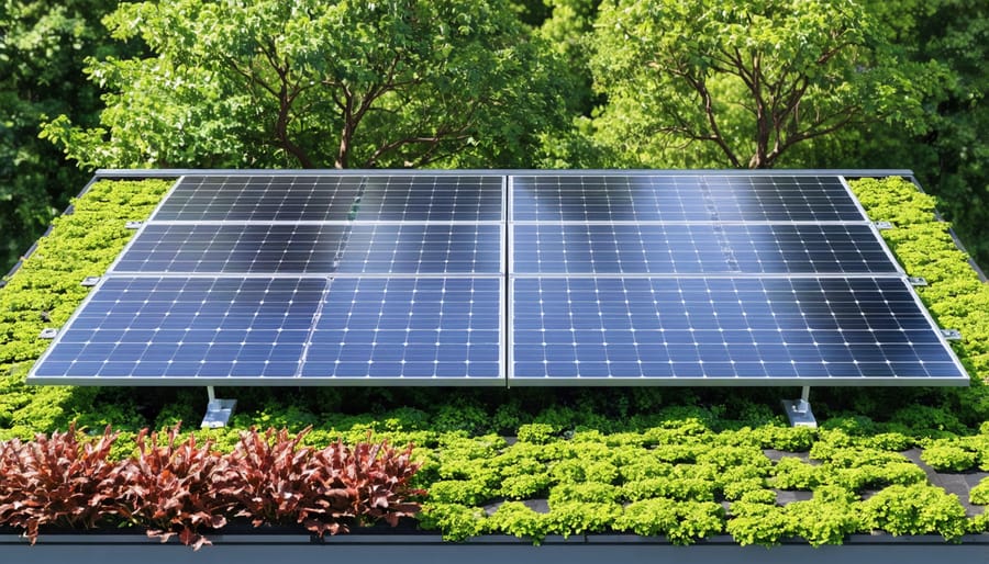 Rooftop garden with solar panels and vegetation coexisting in an urban setting