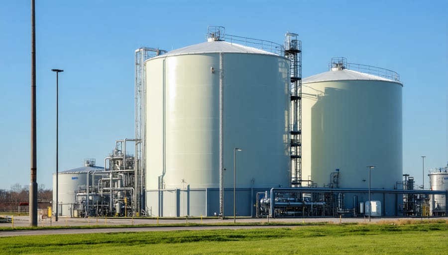 Industrial hydrogen storage facility with safety systems and monitoring equipment