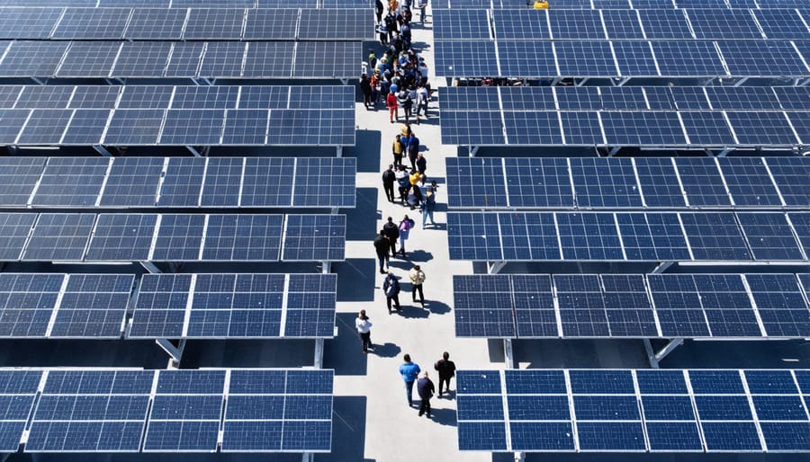 Aerial photograph of a large community solar farm in Illinois with local residents viewing the installation