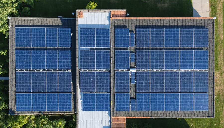 Residential neighborhood in Illinois with multiple homes featuring rooftop solar installations