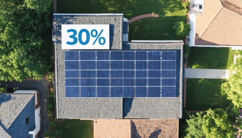 Rooftop solar panels on homes and commercial buildings in Illinois, highlighting a 30% solar tax credit savings with a financial upward graph and Illinois map outline.