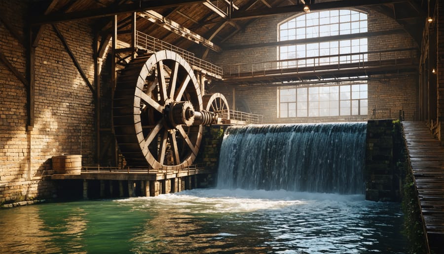 Historical photograph of a large industrial water wheel powering a textile mill during the Industrial Revolution
