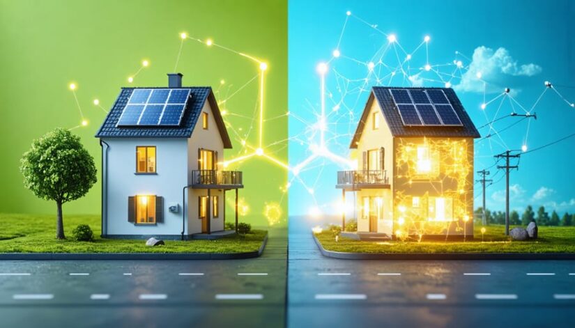Conceptual illustration showing a house maintaining power using a microgrid interconnect device during a neighborhood power outage, highlighting solar panels and battery storage.