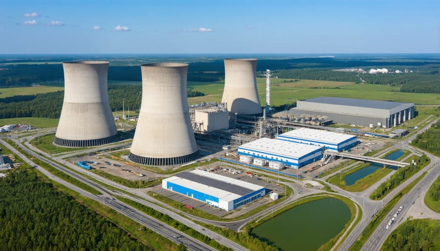 Modern nuclear power facility with characteristic cooling towers emitting steam