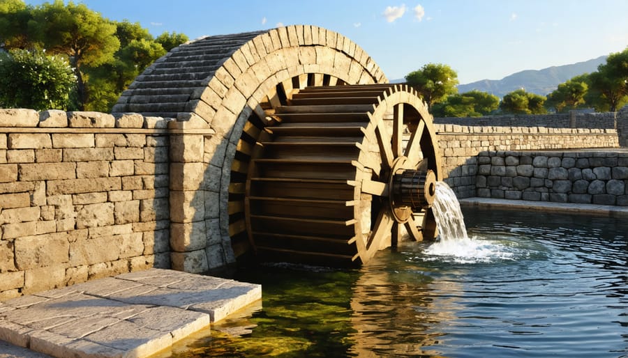 Reconstructed wooden Roman water wheel showing detailed engineering design
